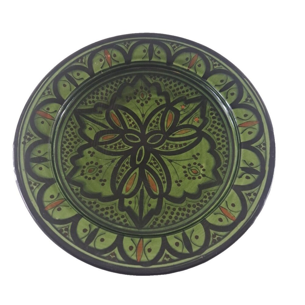Vintage Safi Morocco Wall Plate Large 10.25" Green Black Signed Art Pottery